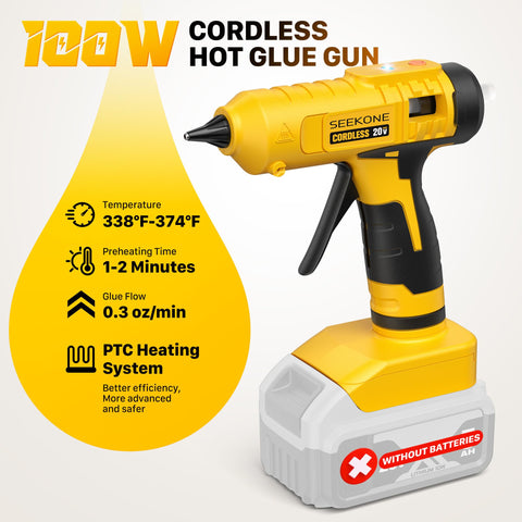 SEEKONE glue gun shown with a Dewalt 20V battery for portable use