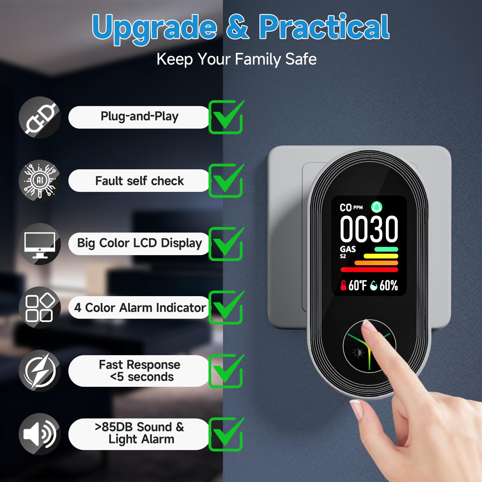 Seektain kitchen and bedroom setup with plug-in CO alarm.