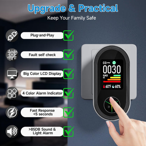 Seektain kitchen and bedroom setup with plug-in CO alarm.