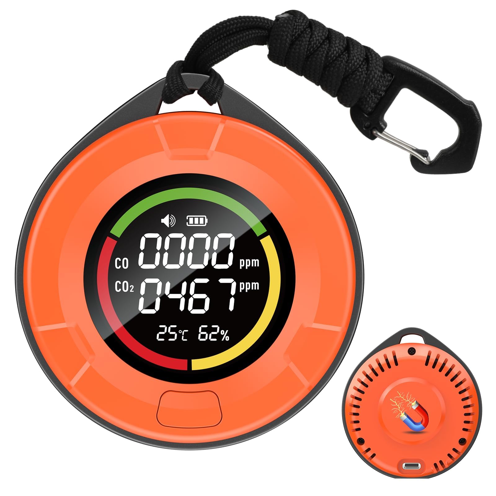 Seektain portable CO2 detector travel front view with early alert capability.
