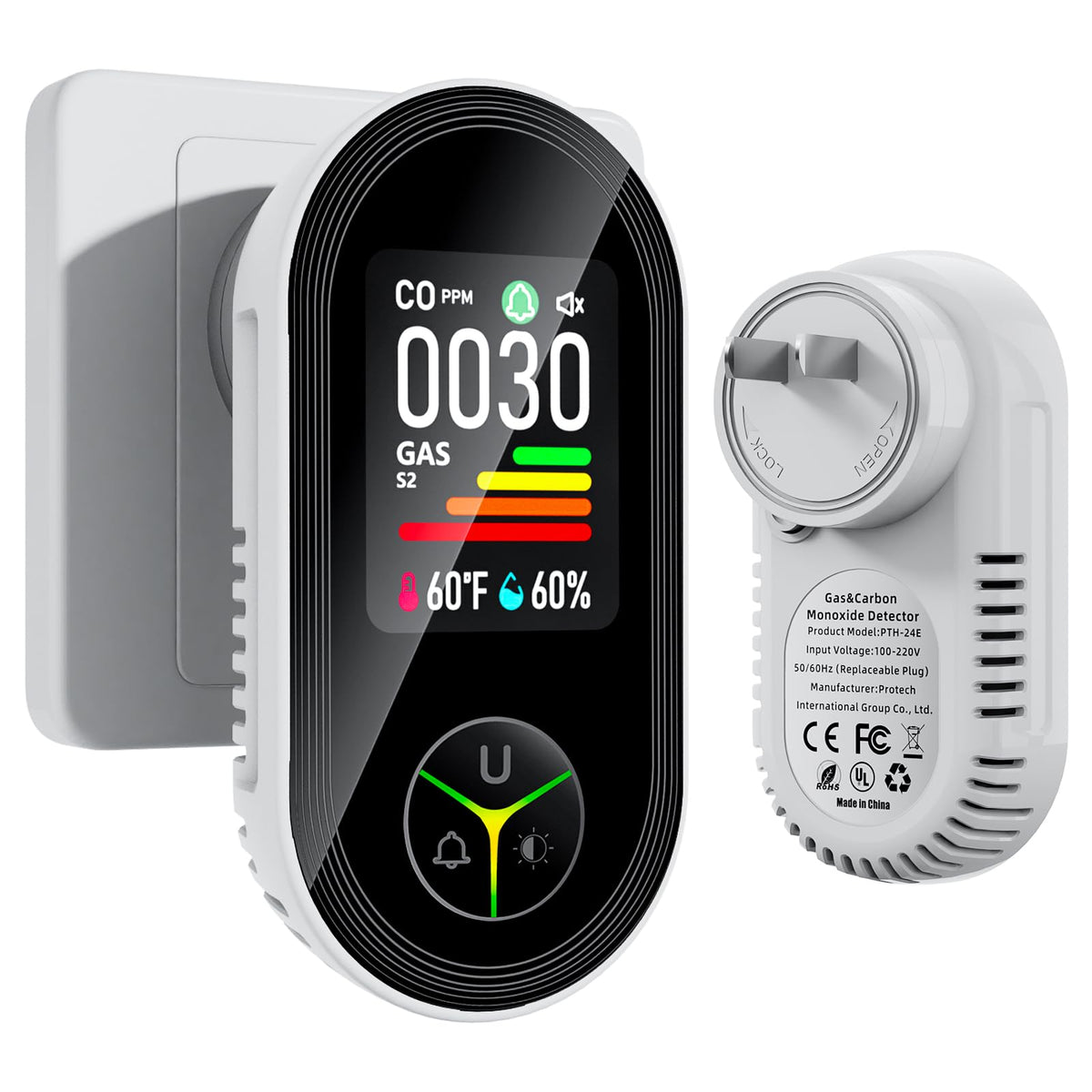 Seektain plug-in CO detector front view for quick home setup.