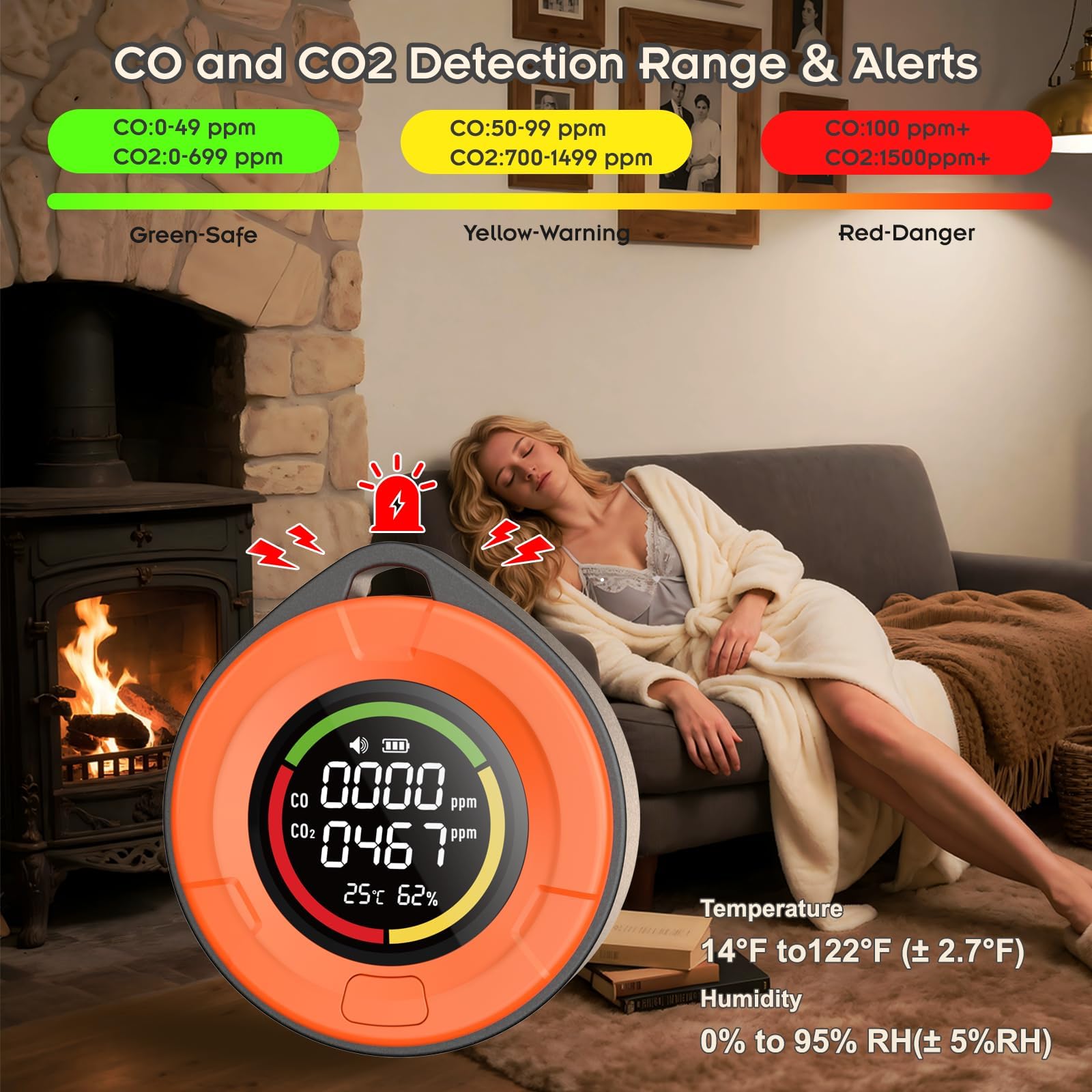 Seektain travel-friendly CO2 detector ideal for camping, RV trips, and hotel rooms.