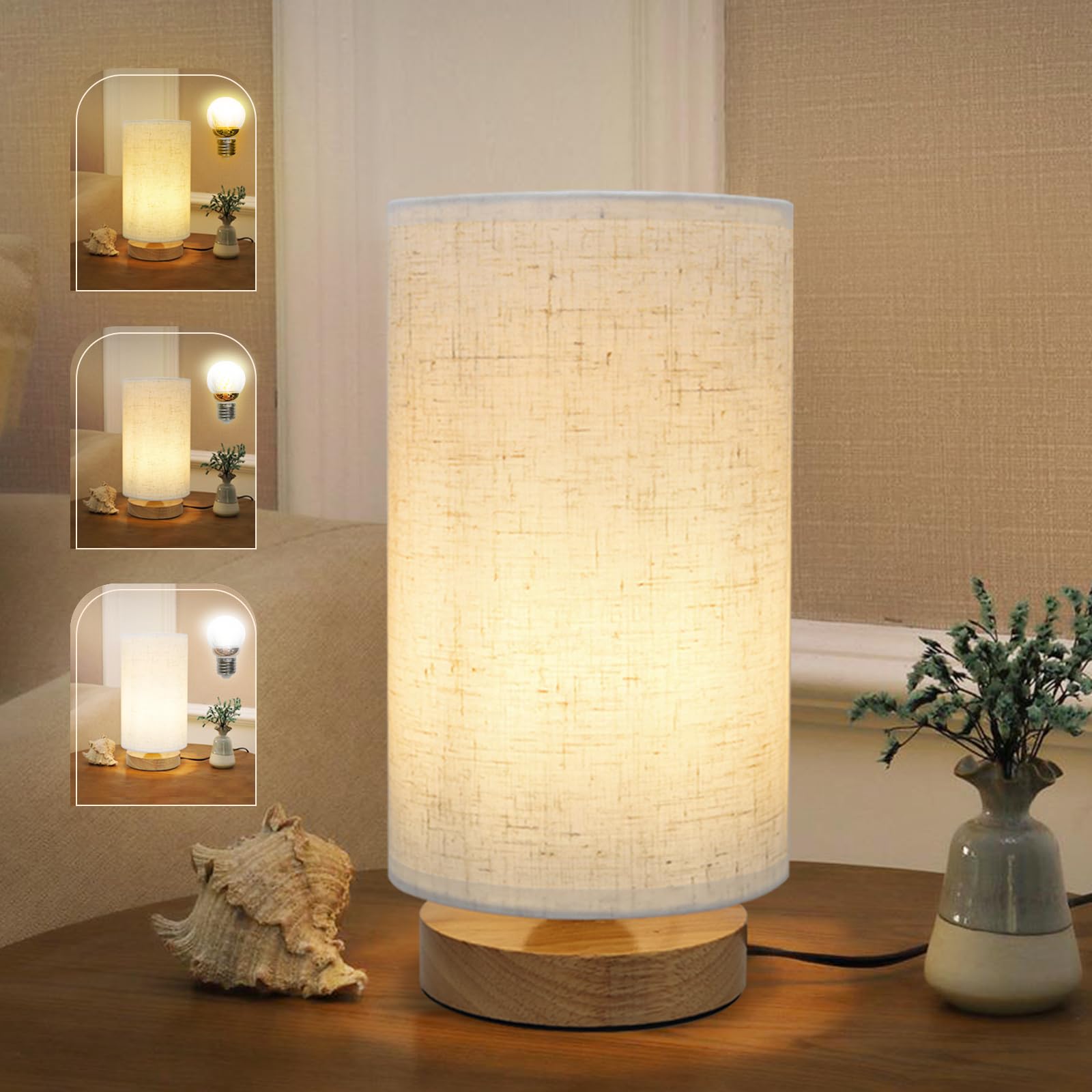 SEENSINY minimalist nightstand lamp with round linen shade for cozy ambient light