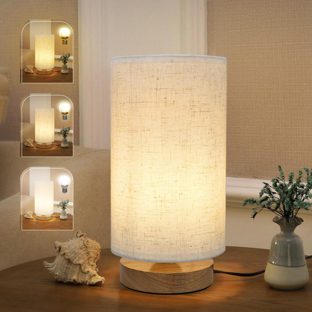 SEENSINY minimalist nightstand lamp with round linen shade for cozy ambient light