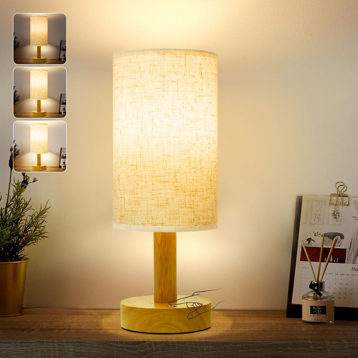 SEENSINY rechargeable cordless table lamp with wood base and linen shade provides warm, cozy bedroom lighting.