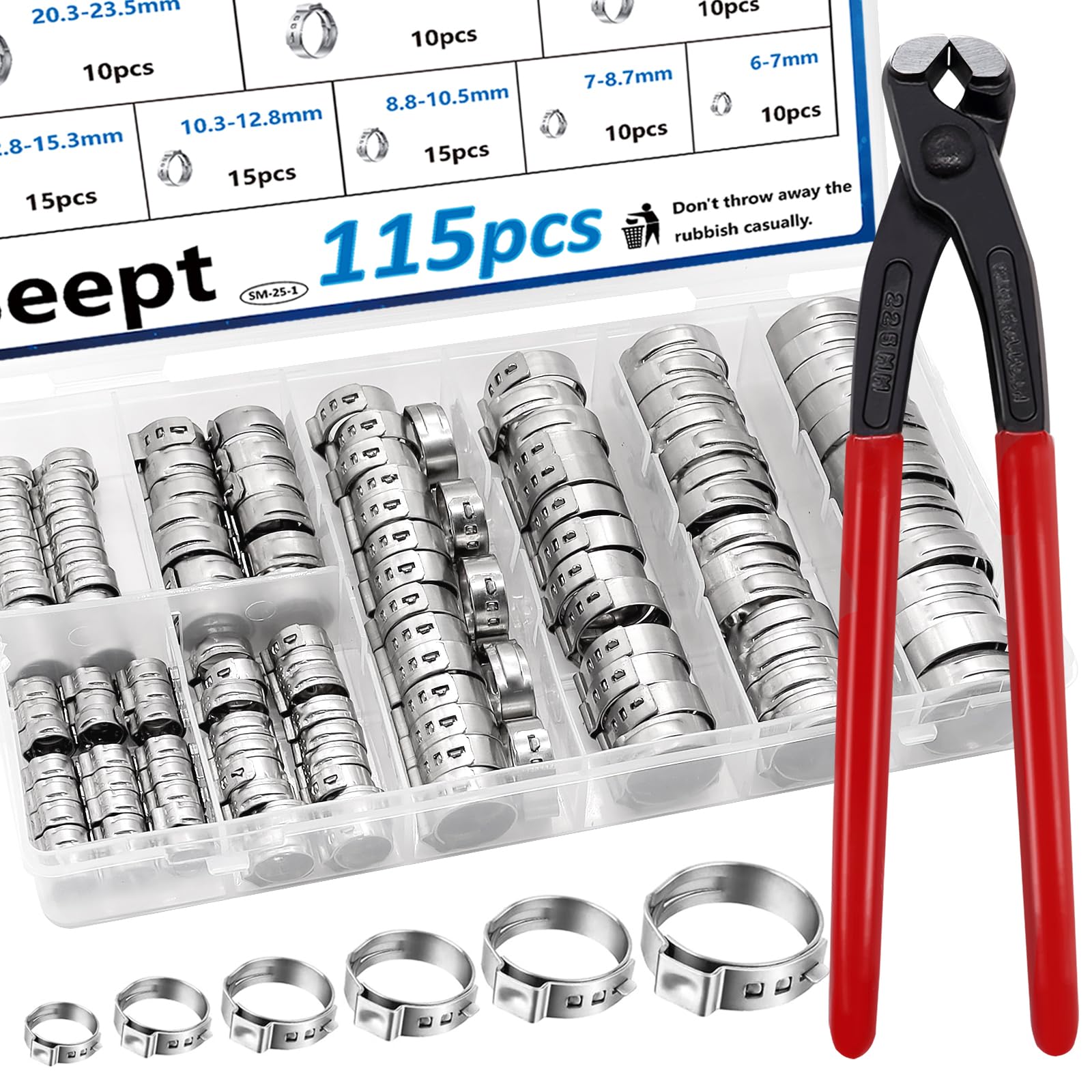 Seept 115Pcs ear hose clamps kit organized by size for quick selection.