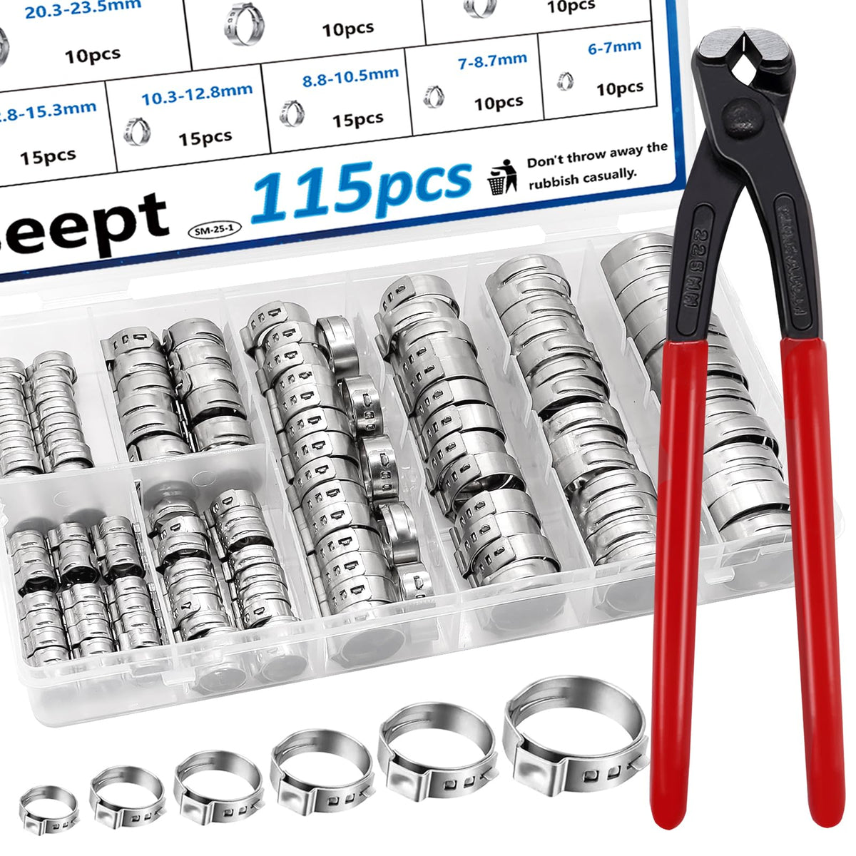 Seept 115Pcs ear hose clamps kit organized by size for quick selection.