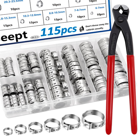 Seept 115Pcs ear hose clamps kit organized by size for quick selection.