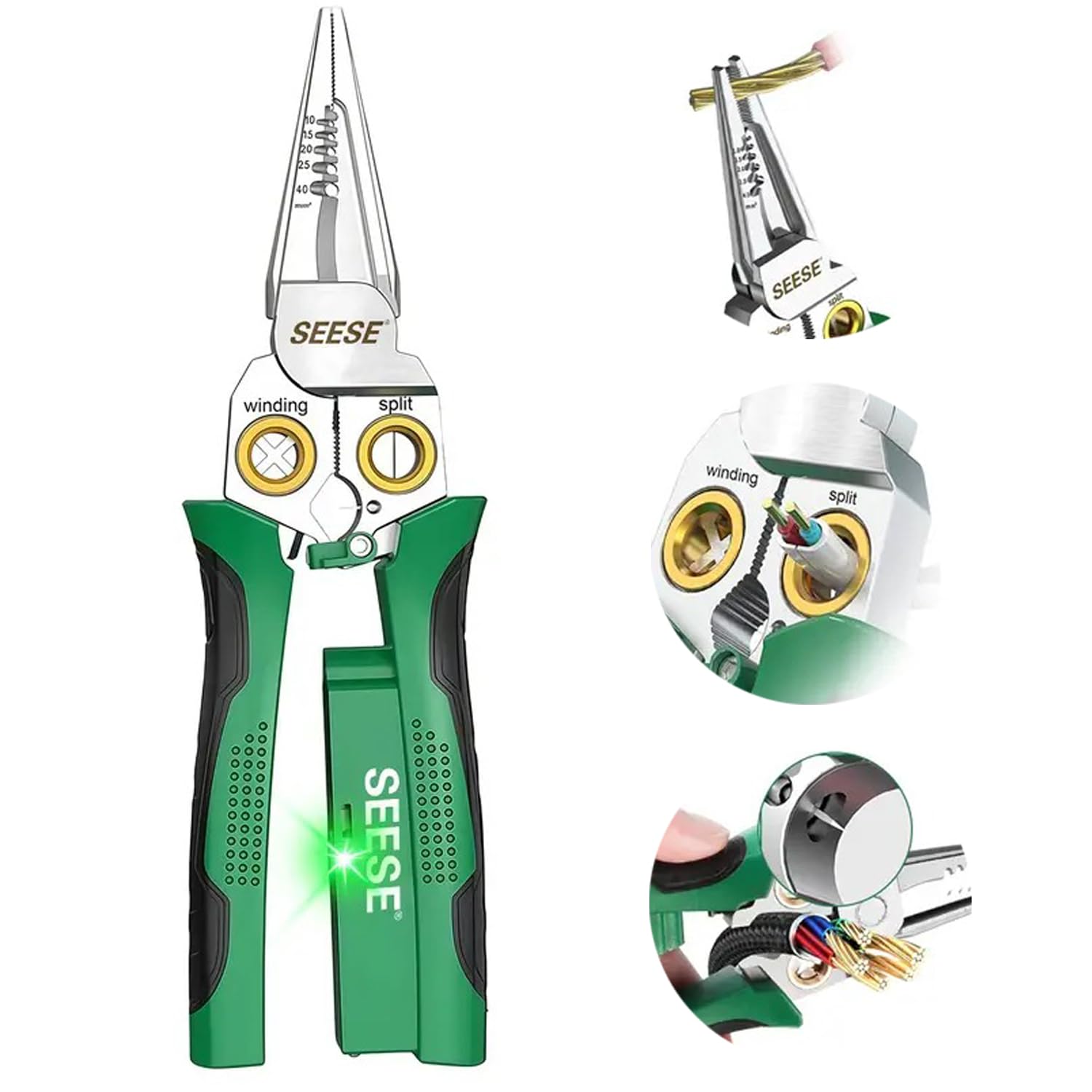 SEESE 8-in-1 wire stripper close-up demonstrates precise stripping for clean connections.