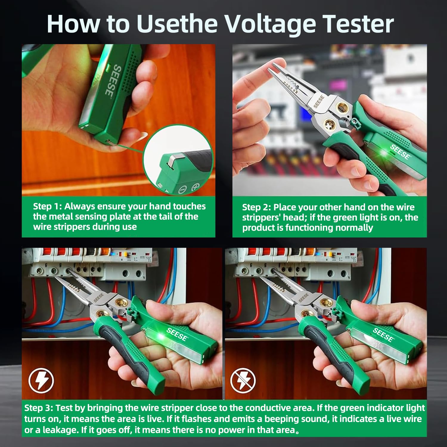 SEESE 8-in-1 wire stripper with ergonomic handle supports comfortable, extended use.