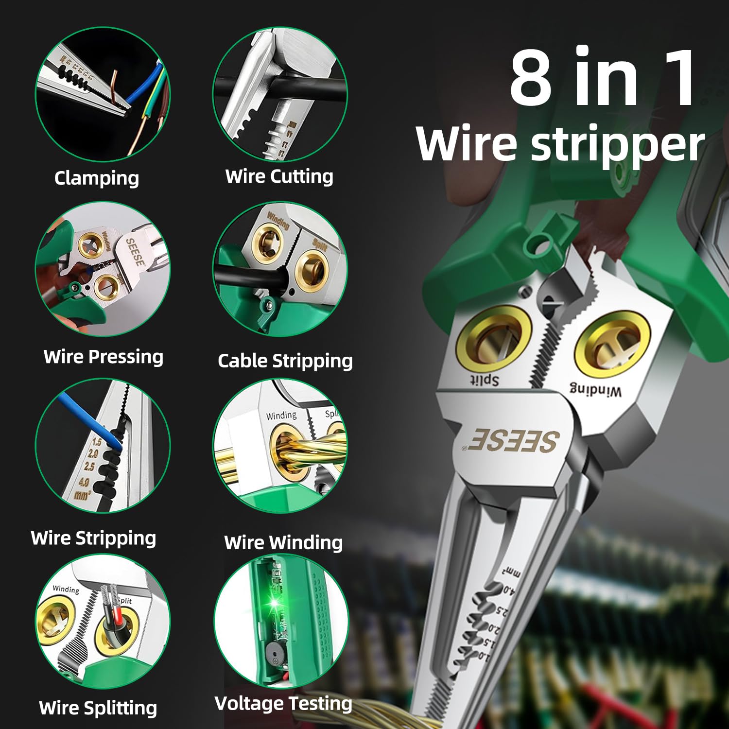 SEESE 8-in-1 wire stripper stripping wires with clean edges for reliable terminations.