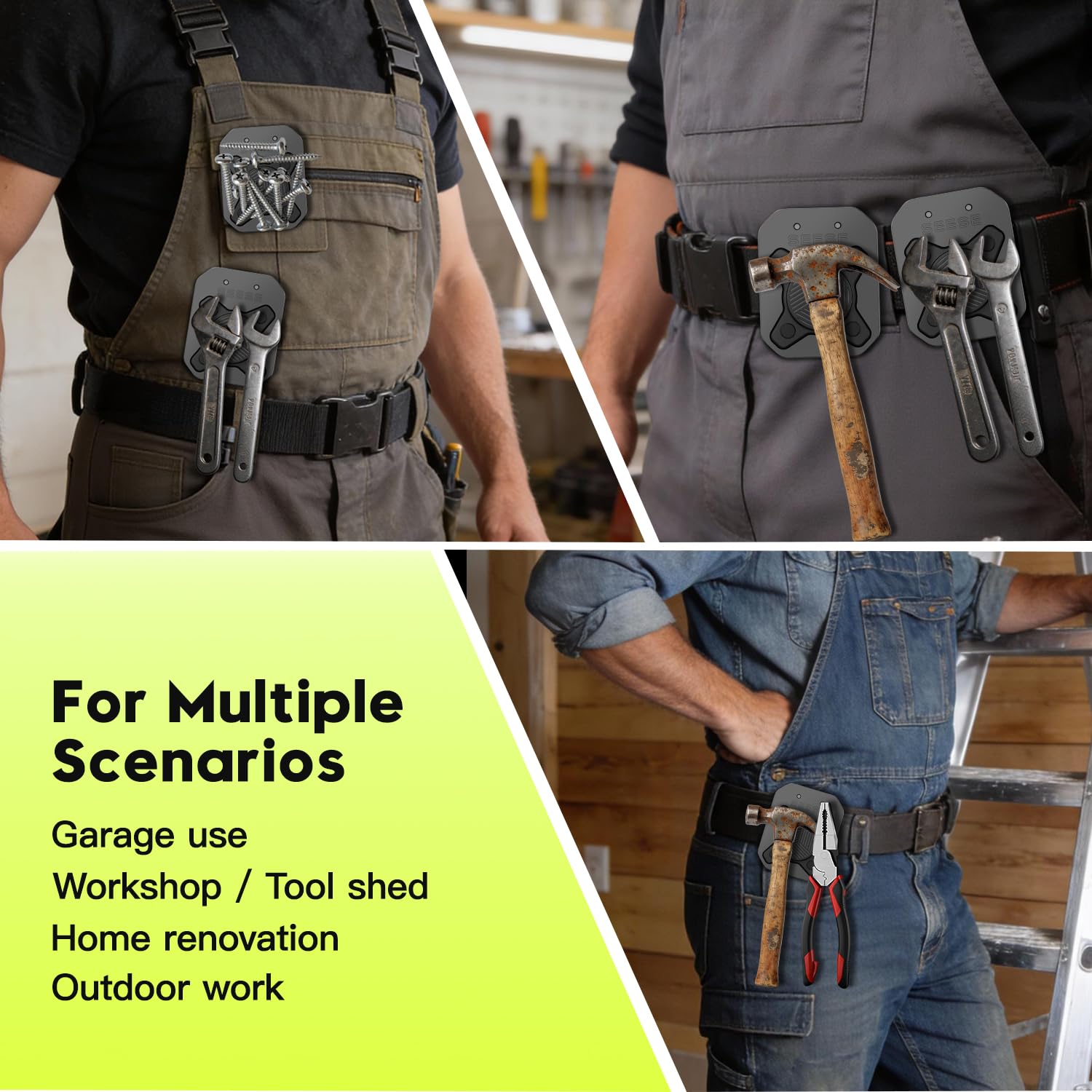 SEESE belt clip provides secure grip on ladders during overhead projects.