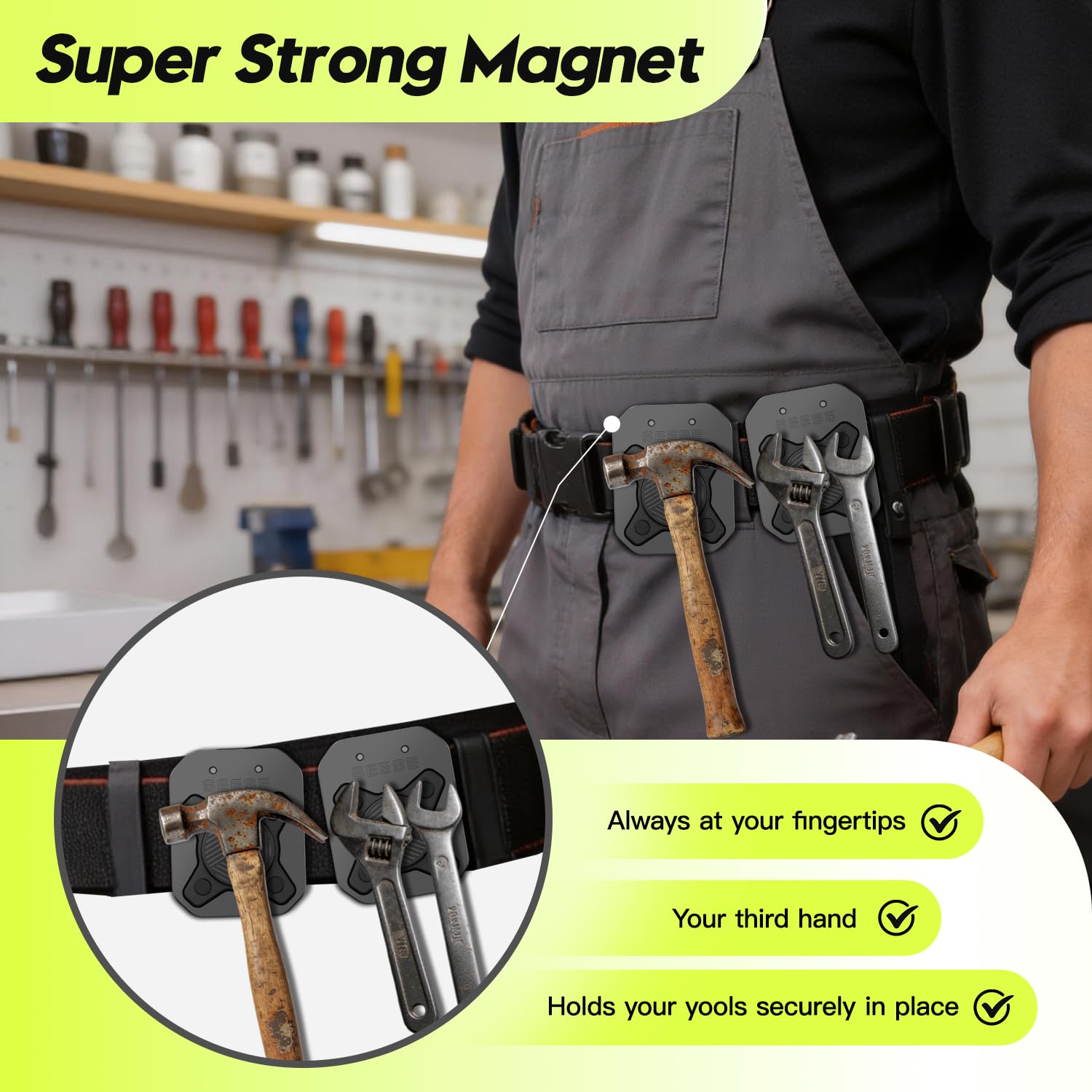 SEESE compact holder fits tight spaces under cars and in crowded work areas.