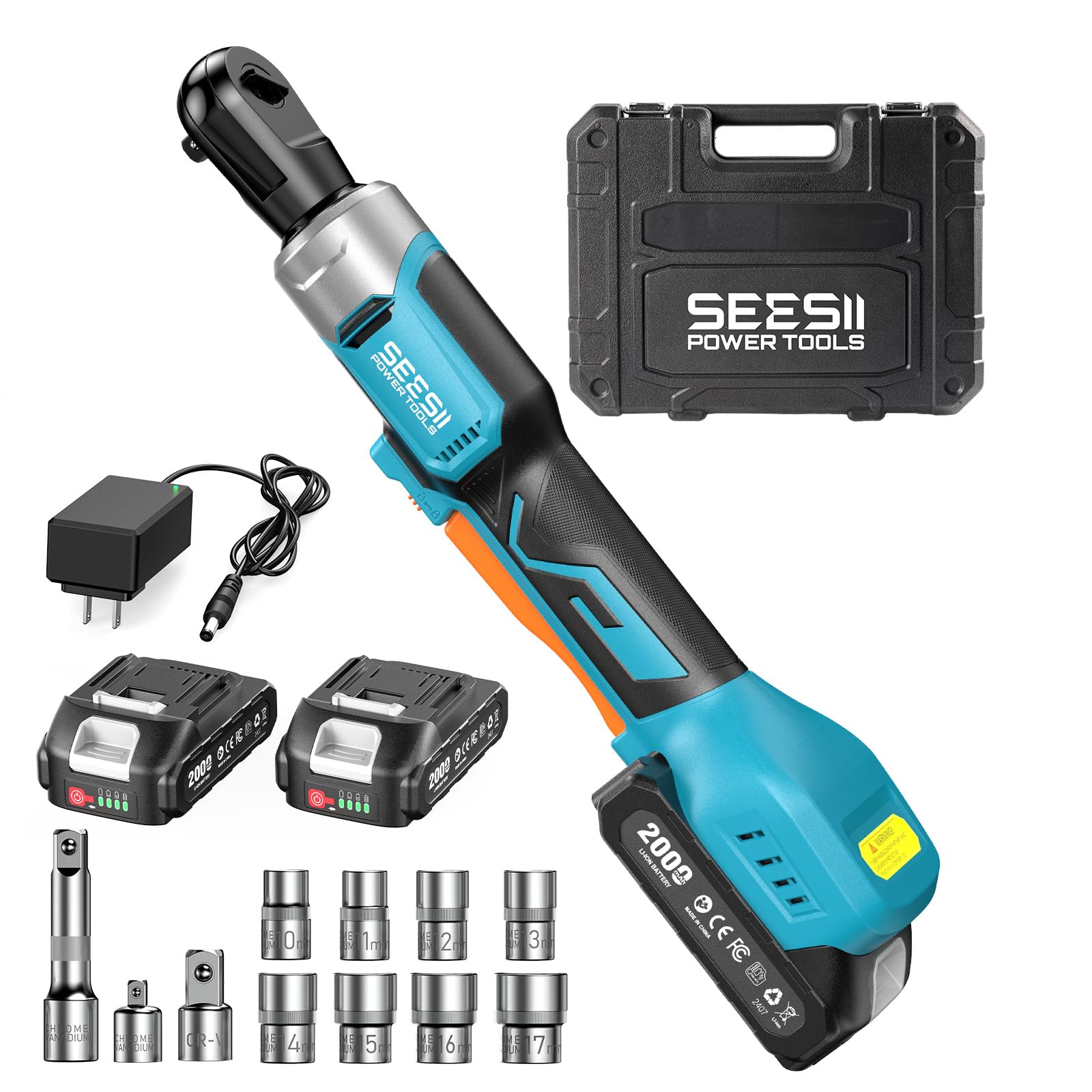 Seesii 3/8-inch cordless ratchet wrench with compact drive head for tight spots.