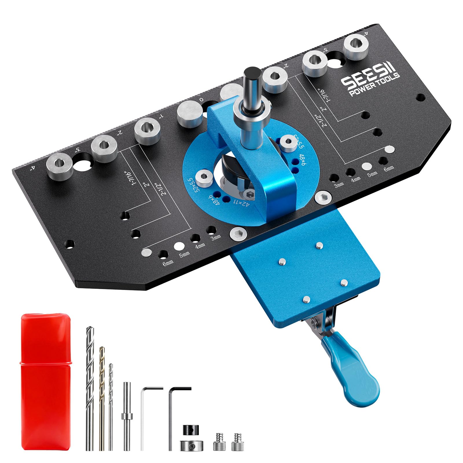 SEESII 3-in-1 cabinet jig guides hinge and shelf drilling efficiently.