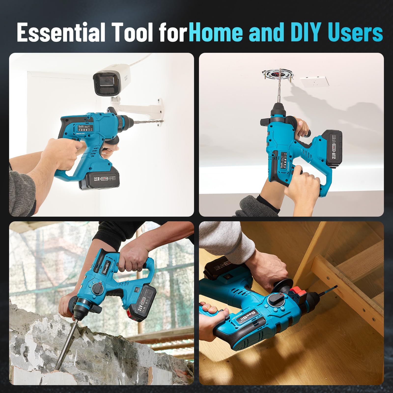 Seesii 4-in-1 modes enable drilling, hammering, and chiseling with one tool.