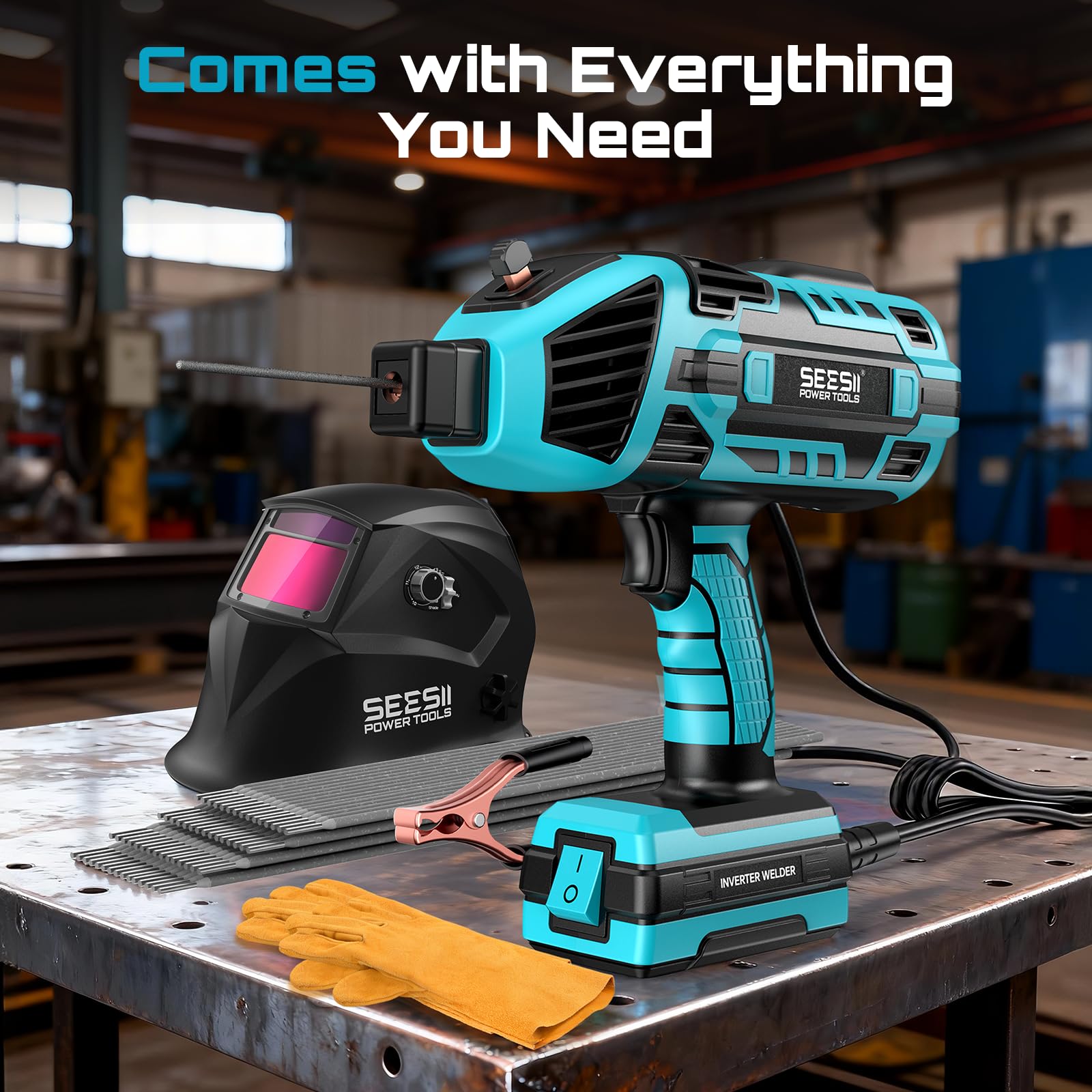 Seesii auto-darkening helmet offers clear vision and eye protection.
