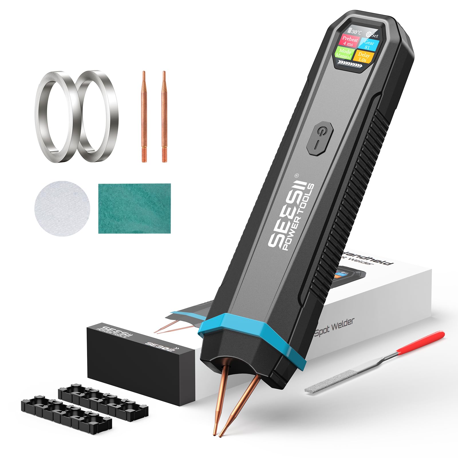 SEESII battery spot welder with visual display showing status and temperature