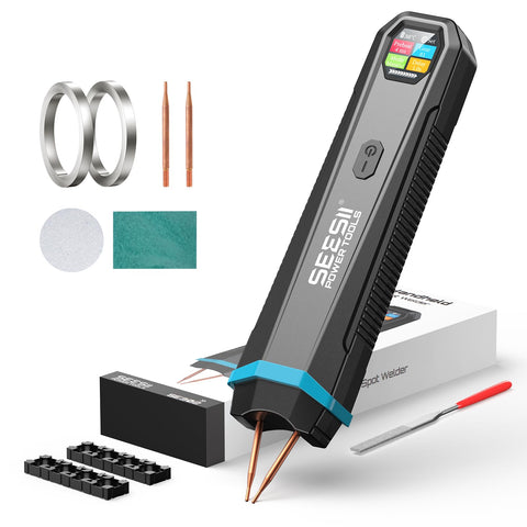SEESII battery spot welder with visual display showing status and temperature