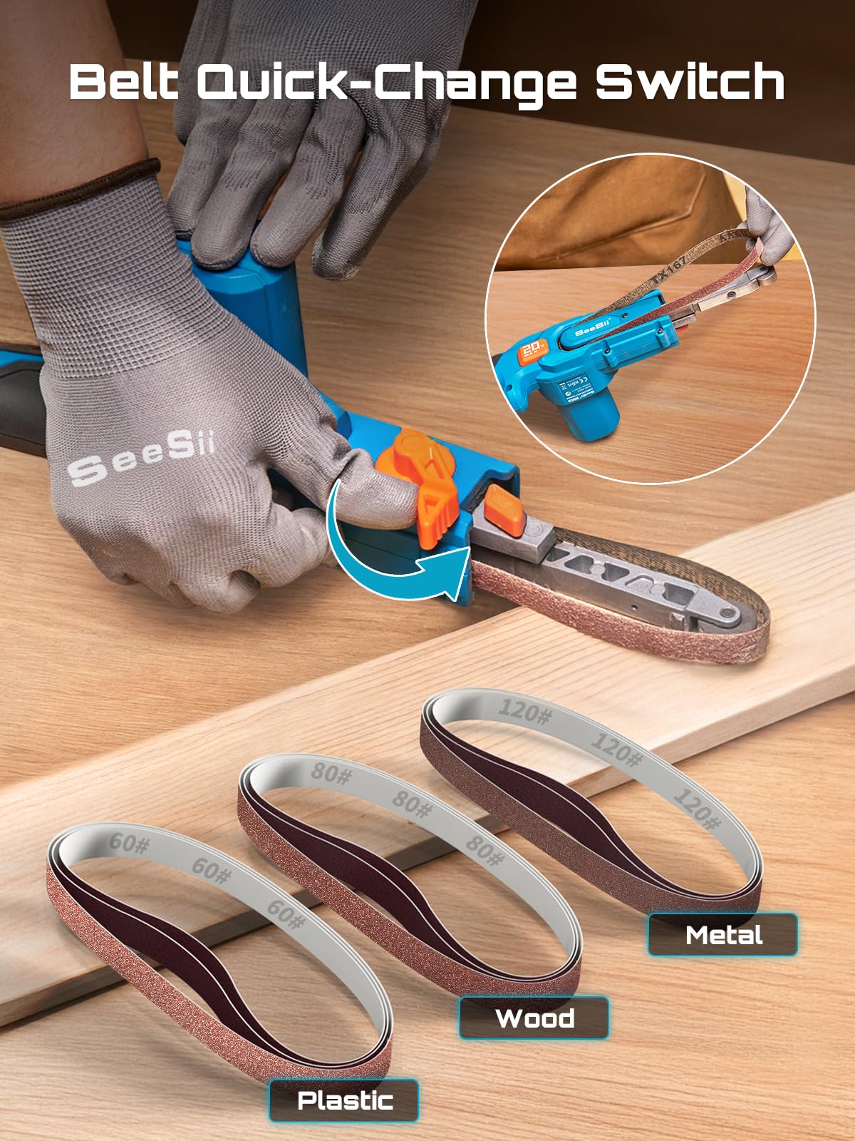 Seesii belt sander with battery pack, cordless portability.
