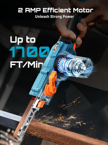 Seesii belt sander lock-on switch enables continuous sanding.