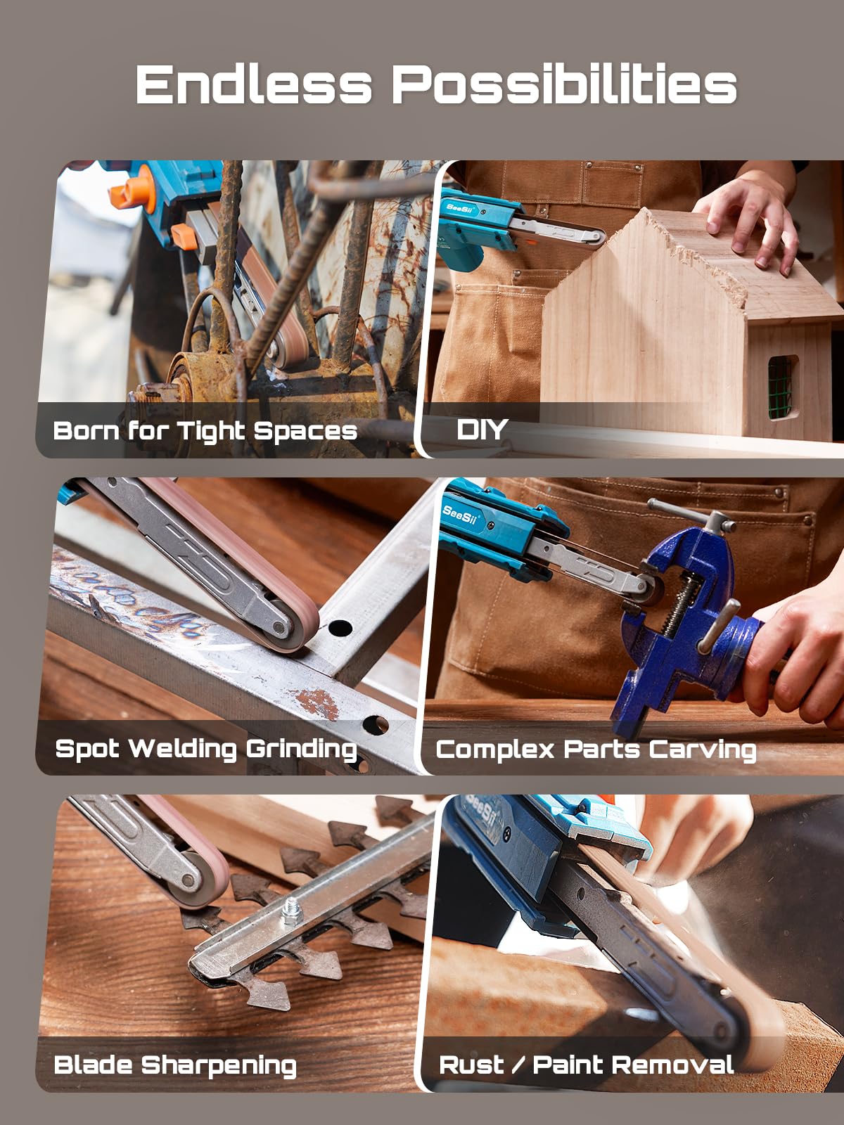 Seesii sander smoothing metal edges with precision.