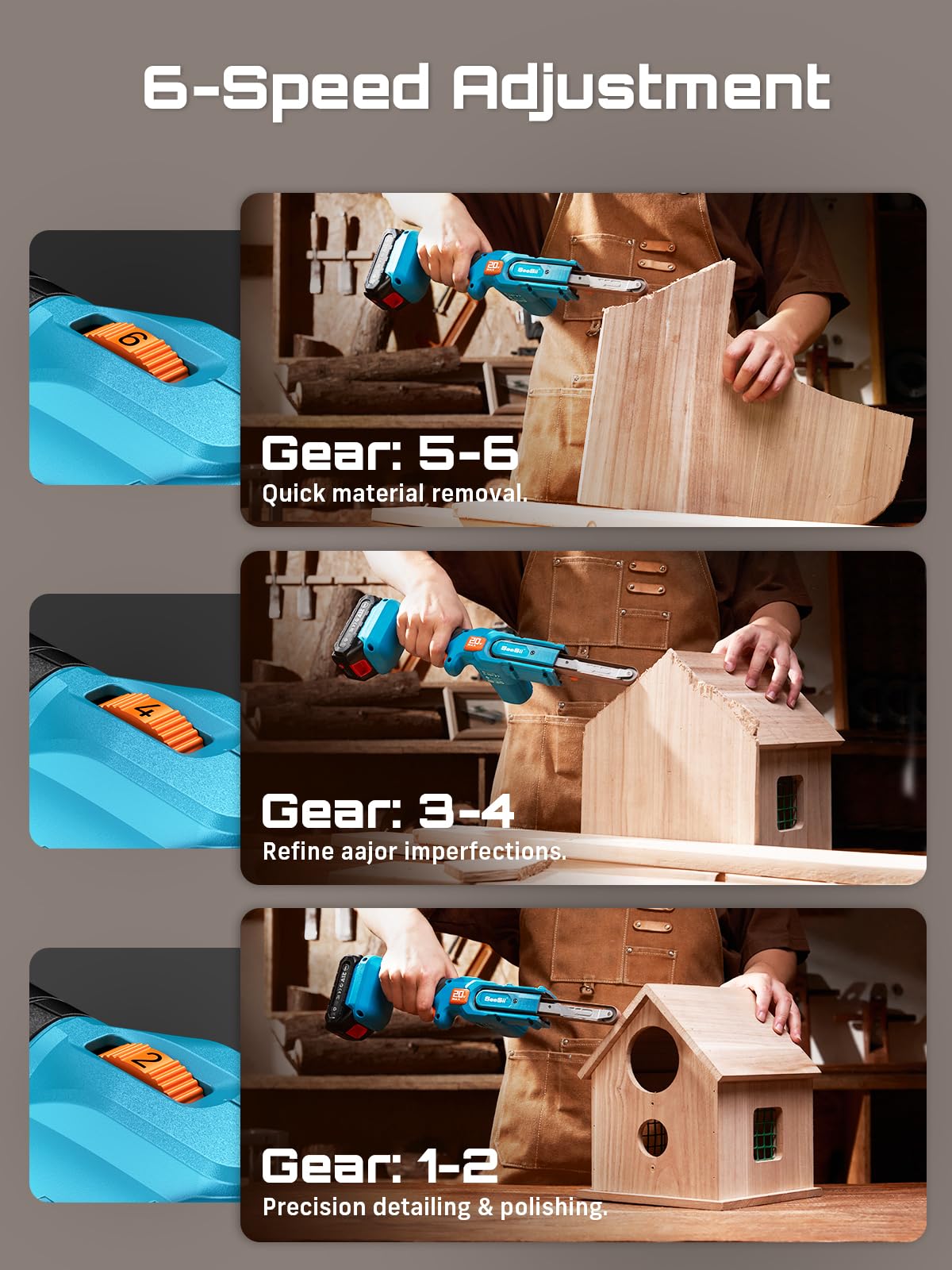 Tool-free belt change on Seesii sander for quick belt swaps.