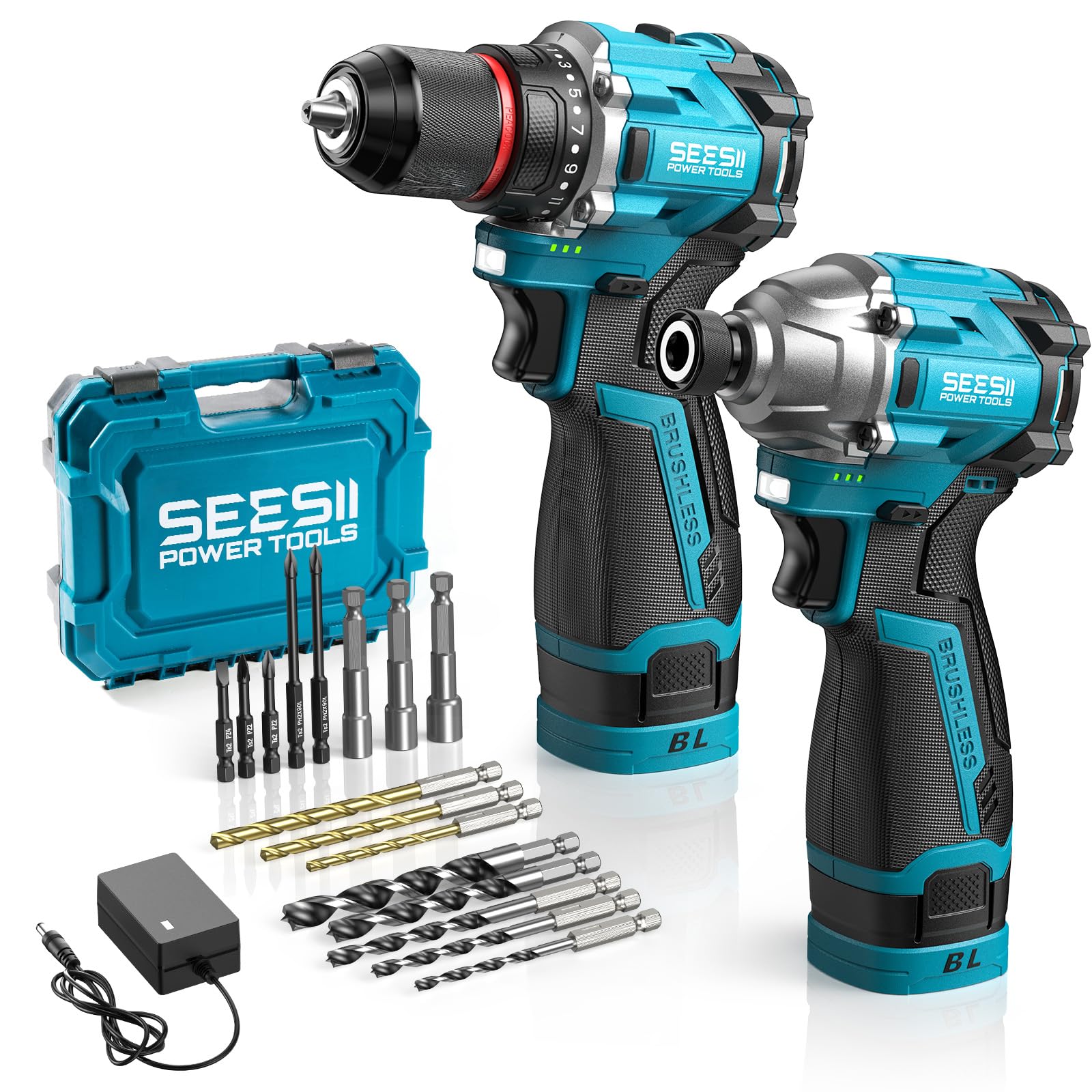 Seesii cordless drill and impact driver blue for precise home projects.