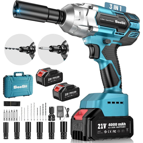 Seesii cordless impact wrench front view for tire changes and quick loosening.