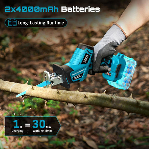 SEESII cordless reciprocating saw with LED light illuminates workspace for precise cuts.