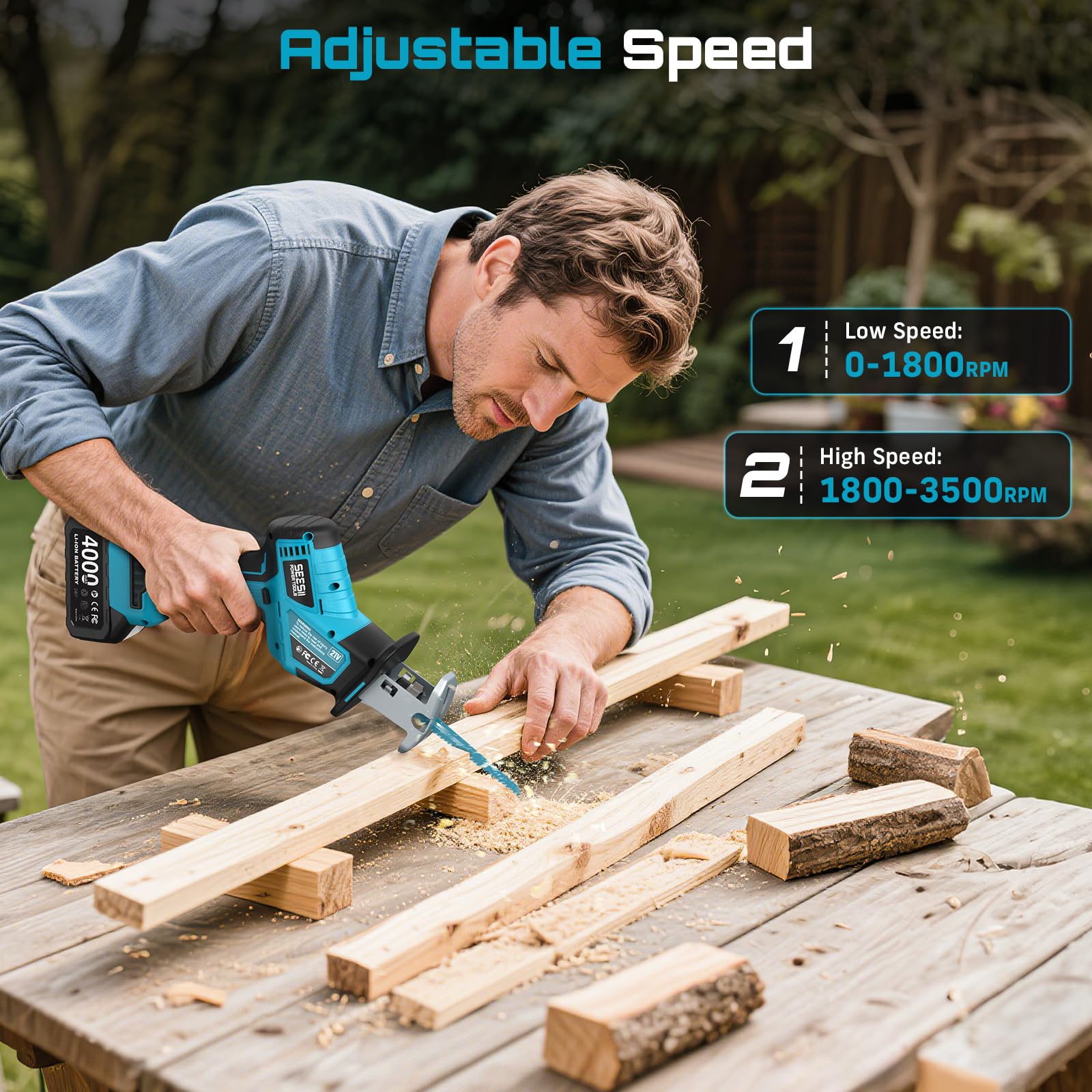 SEESII saw cutting wood with a clean 15mm stroke length.
