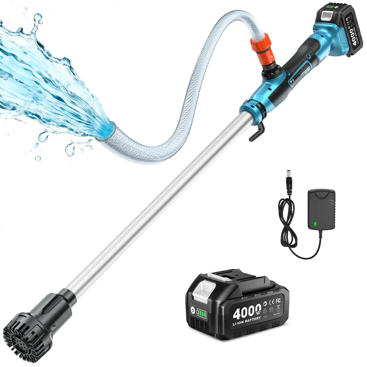 SEESII cordless stick pump battery in use for portable water transfer