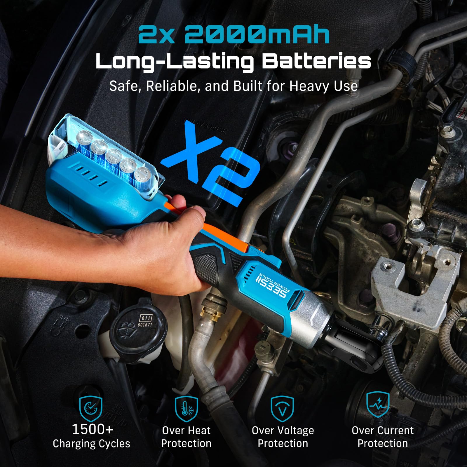 Seesii fast charger recharges batteries quickly between tasks.