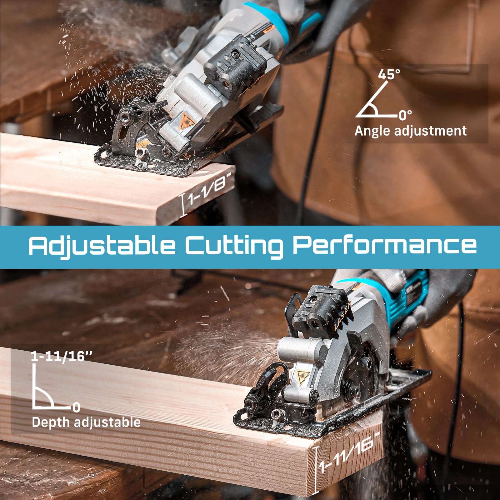 Seesii mini circular saw adjustable depth and bevel for accurate joints.