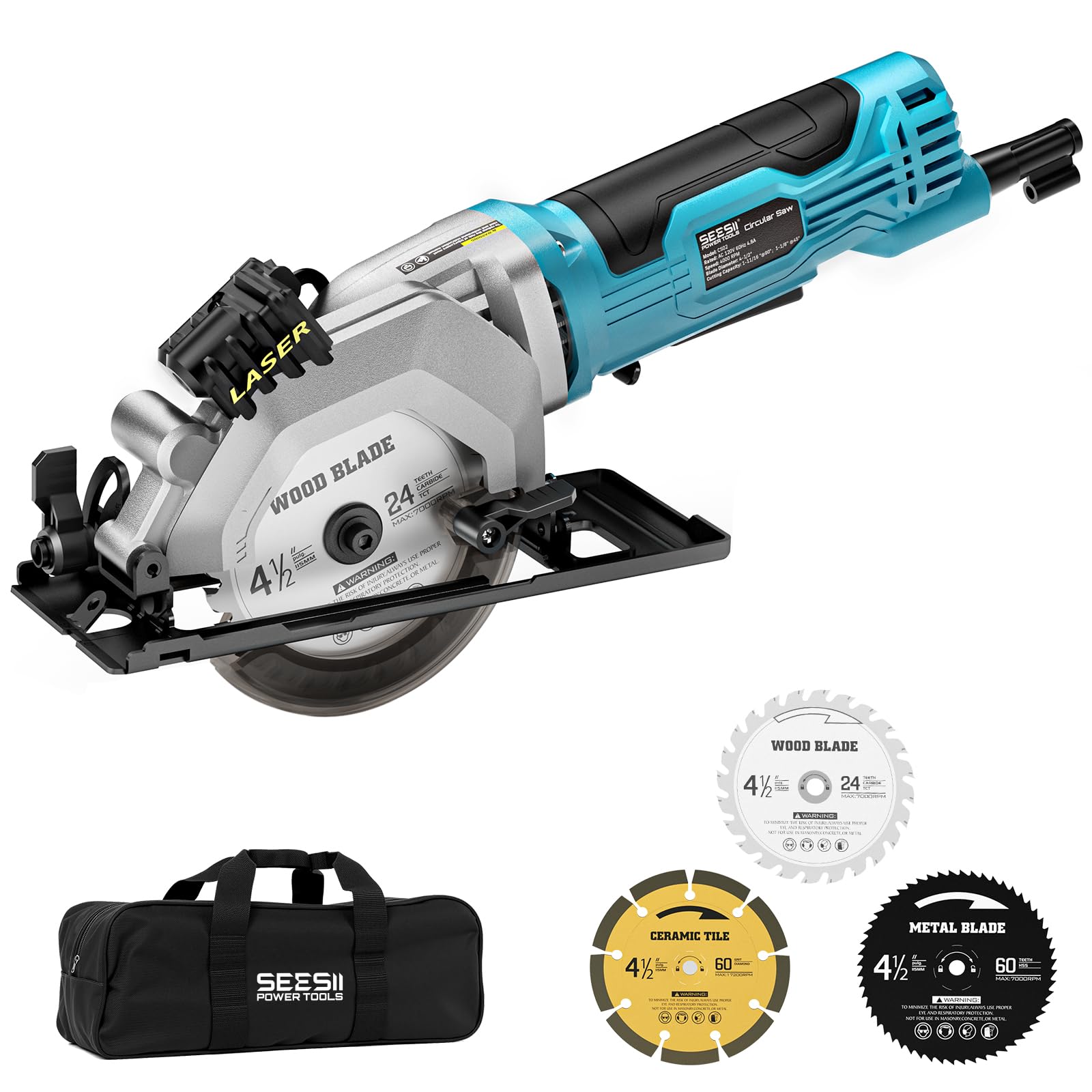 Seesii mini circular saw with laser guide for precise cuts on DIY projects.