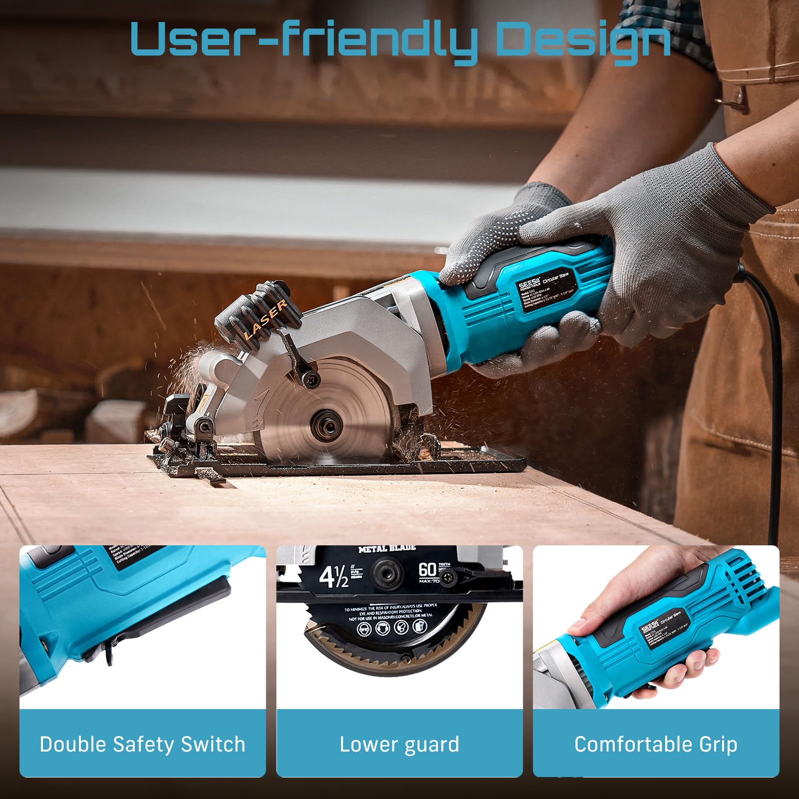 Seesii mini circular saw lightweight design enables one-hand use.