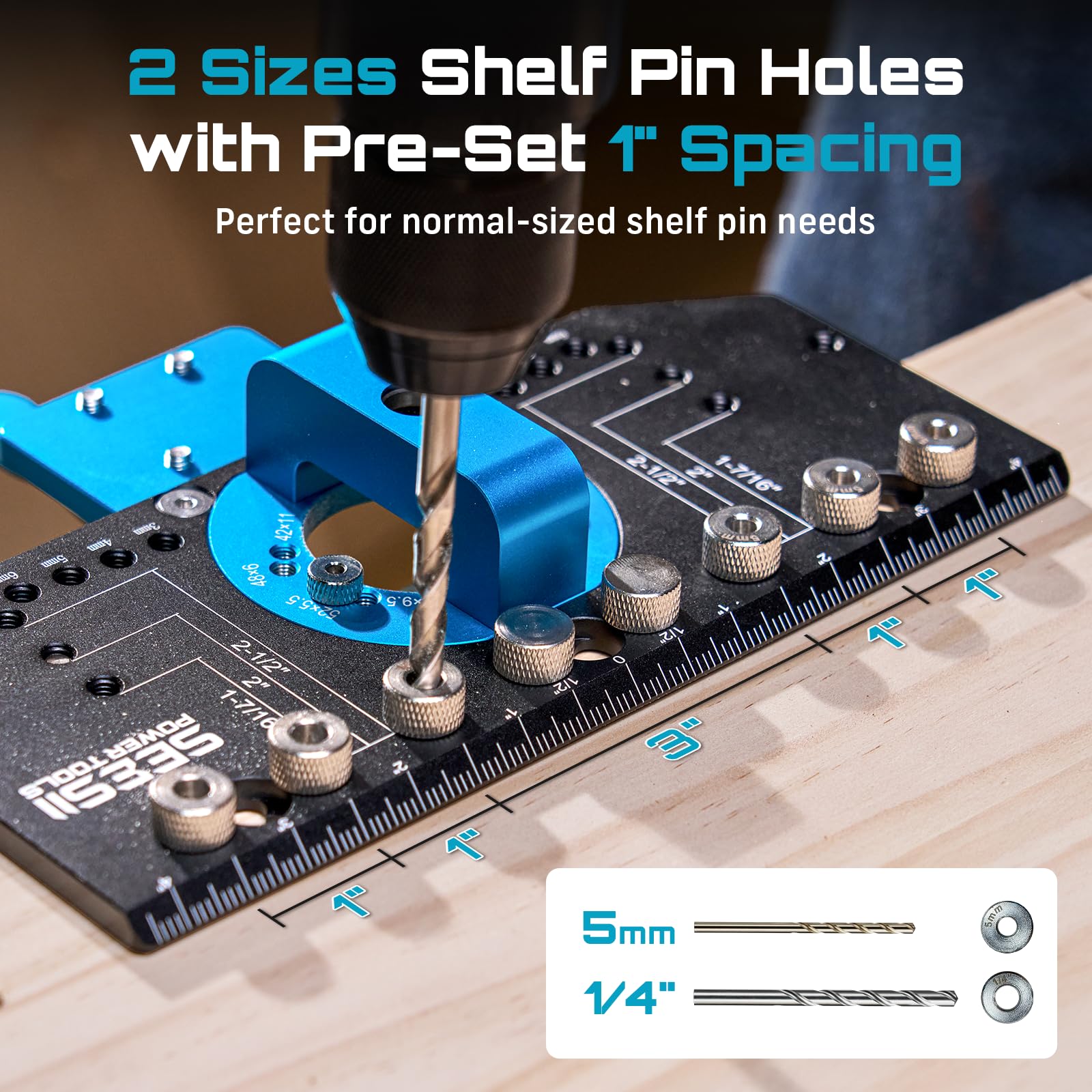 SEESII shelf-pin and handle guide offers precise spacing for drawers and doors.