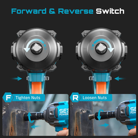 Two-way brake stop enhances safety when loosening fasteners.