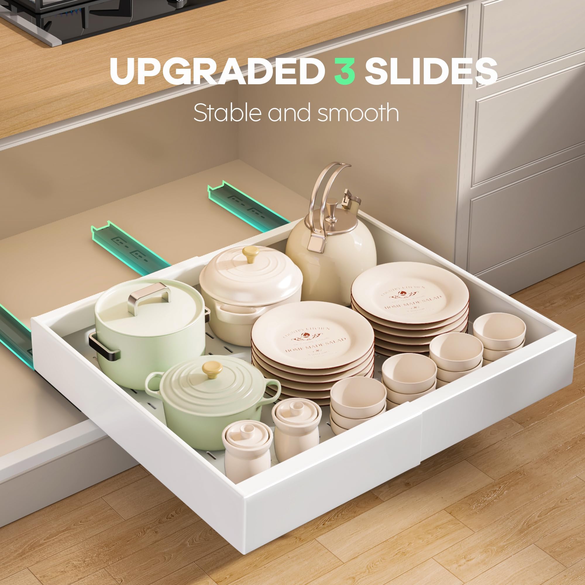 Seinloes three-drawer glide system with damped, quiet operation.