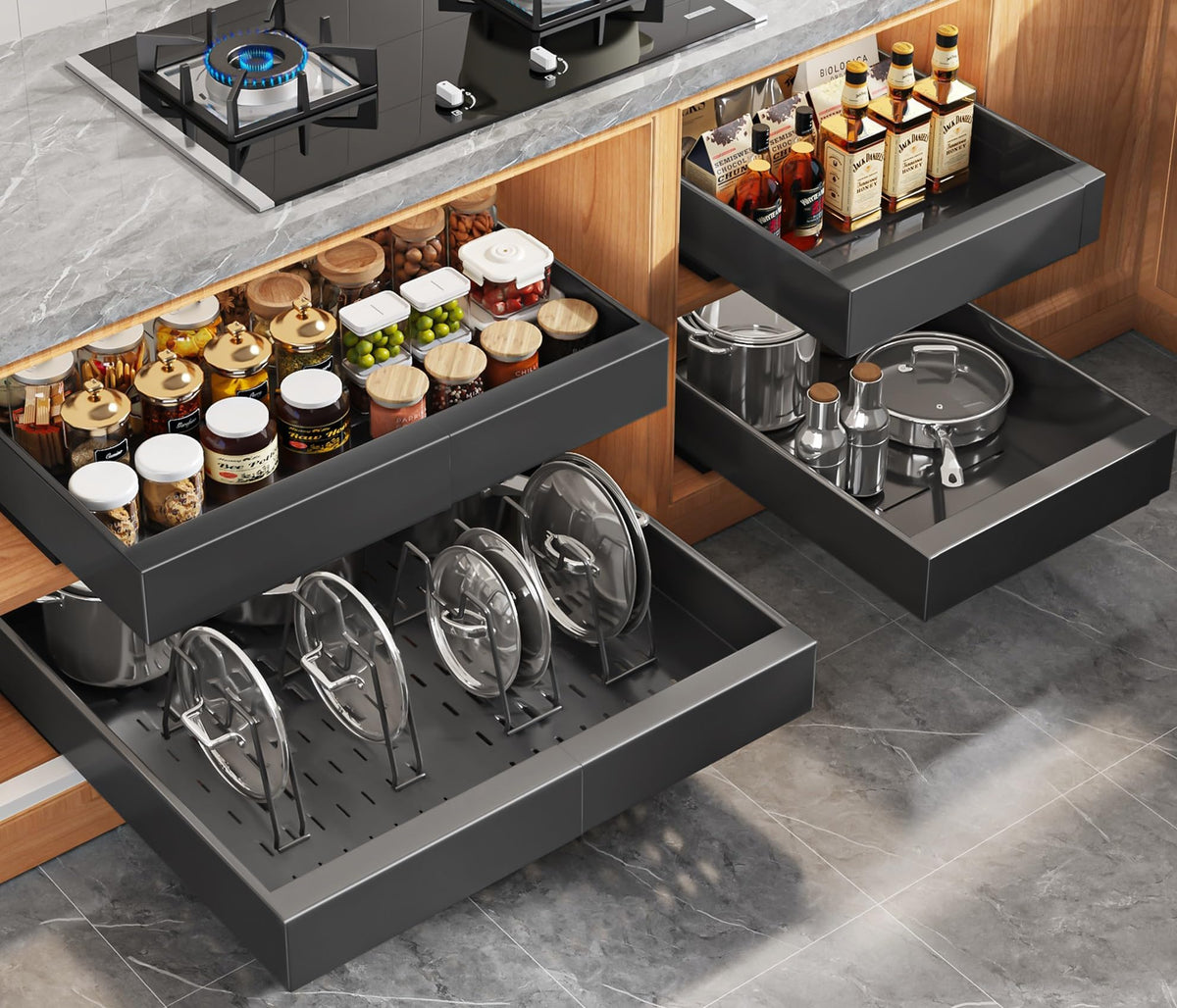 Seinloes expandable pull-out cabinet organizer showing deep 21-inch storage.