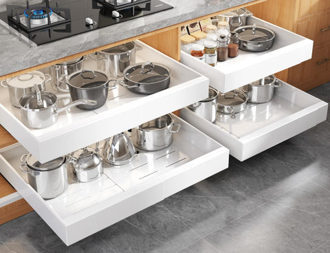 Seinloes expandable pull-out cabinet organizer in extended view for easier cookware access.