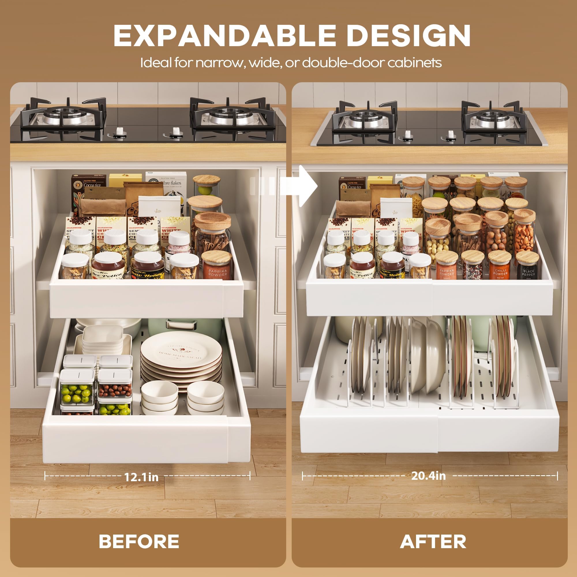 Seinloes expandable width from 12.1 to 20.4 inches to fit various cabinet sizes.