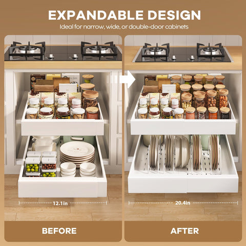 Seinloes expandable width from 12.1 to 20.4 inches to fit various cabinet sizes.