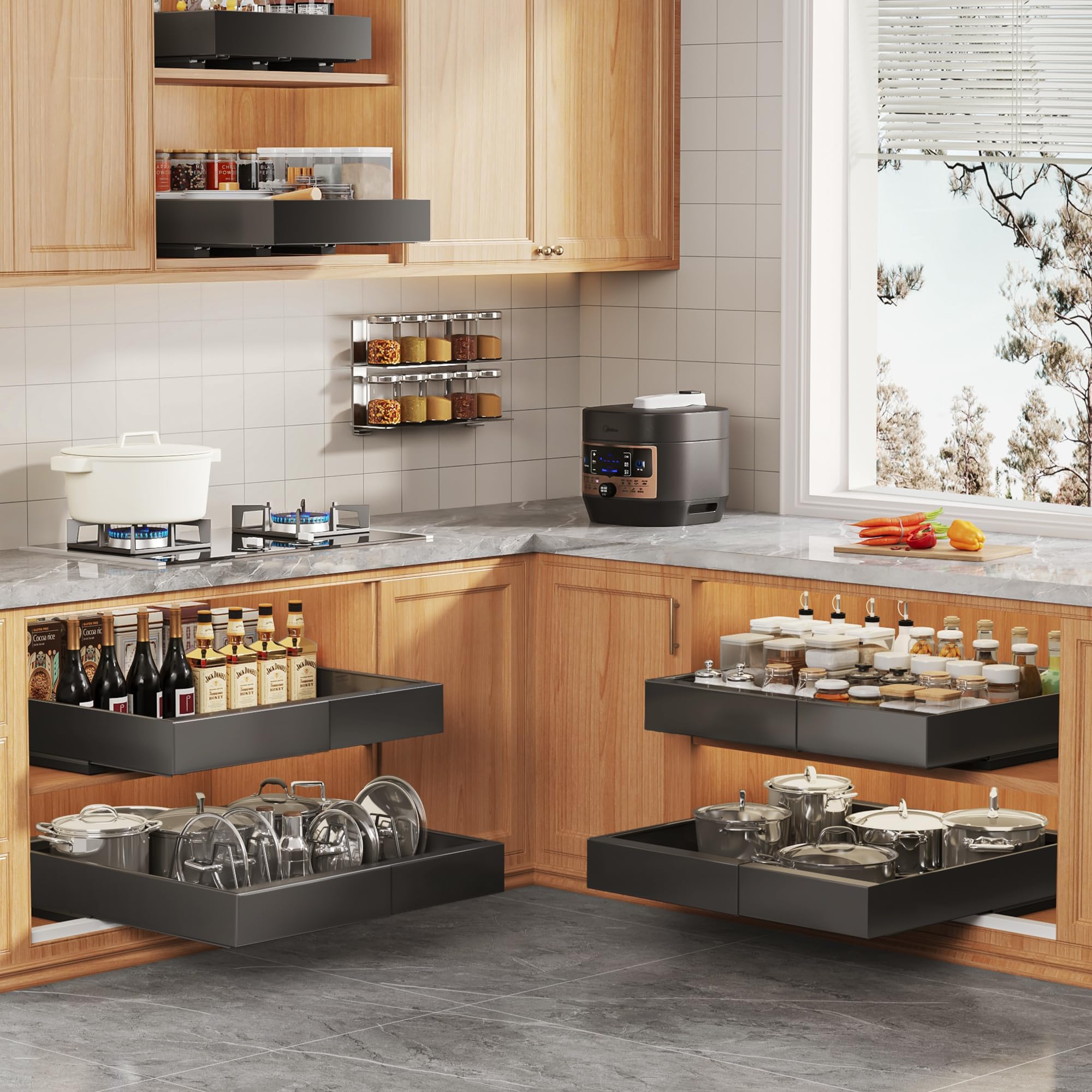 Seinloes four divider racks customize storage for pots, pans, and spices.