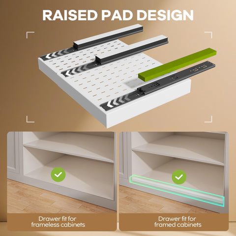 Seinloes raised pads for compatibility with framed cabinets, ensuring smooth sliding.