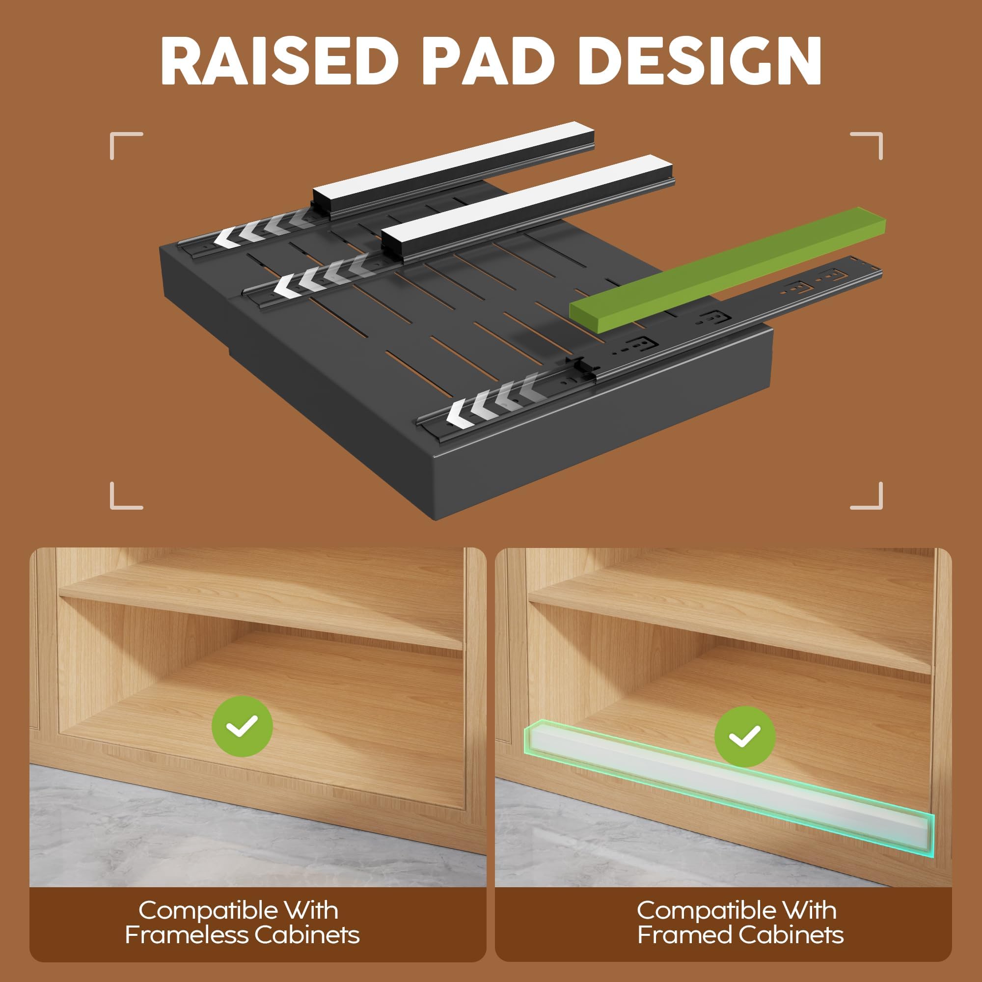 Seinloes raising pad demonstrates framed cabinet compatibility and door clearance.