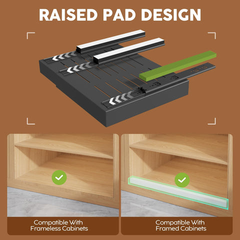 Seinloes raising pad demonstrates framed cabinet compatibility and door clearance.