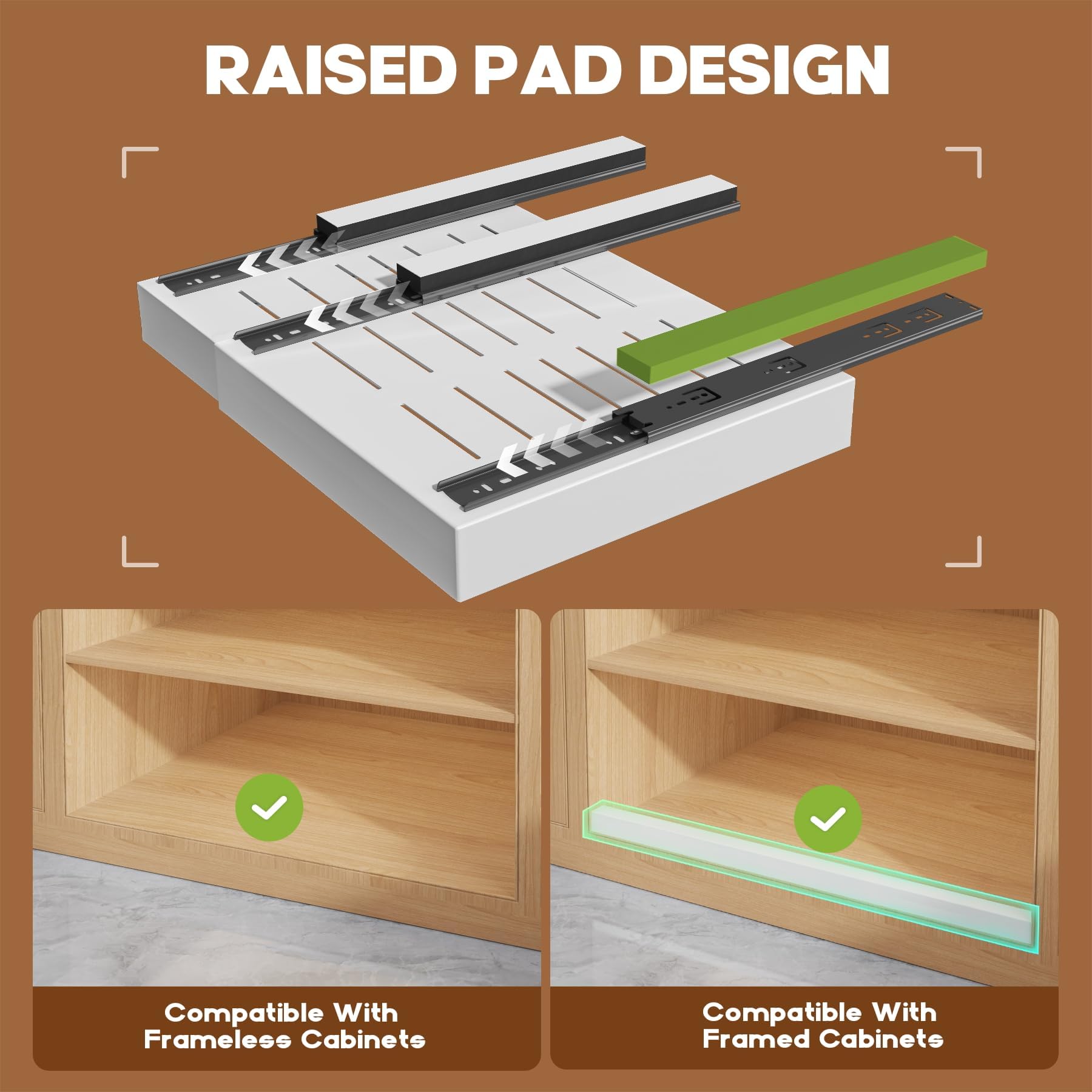 Seinloes raising pad demonstrates framed cabinet fit reducing installation interference.