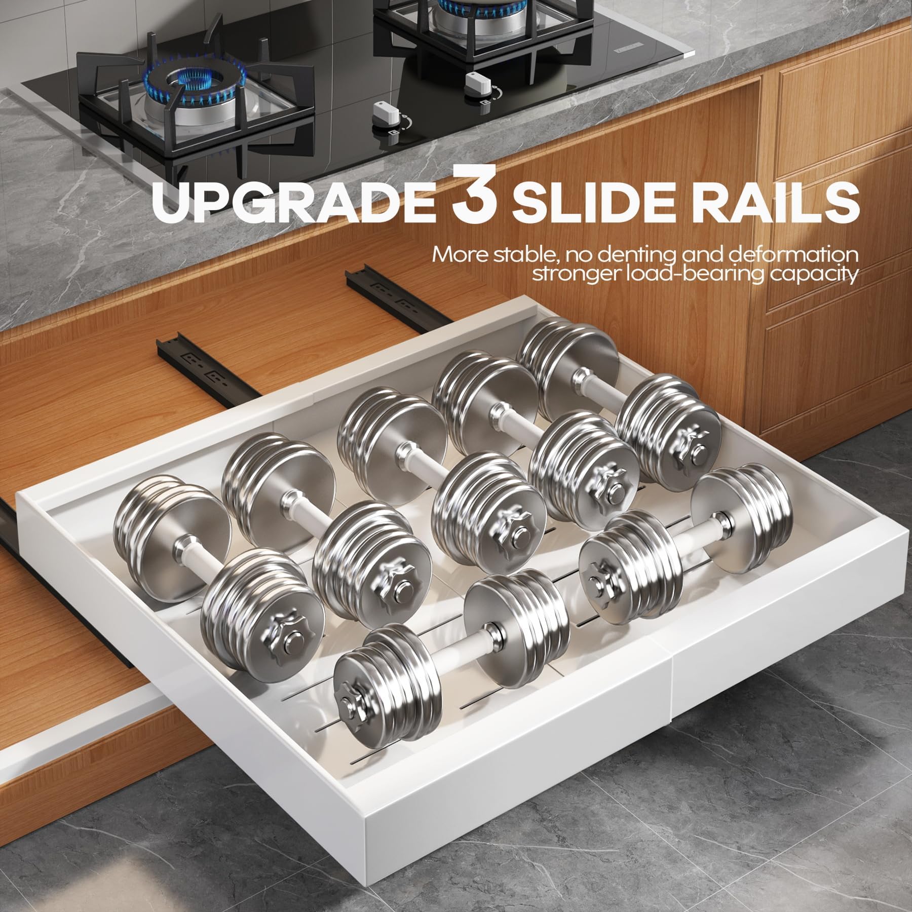 Seinloes wide drawer shown at 15.1 to 26.3 inches for versatile kitchen storage.