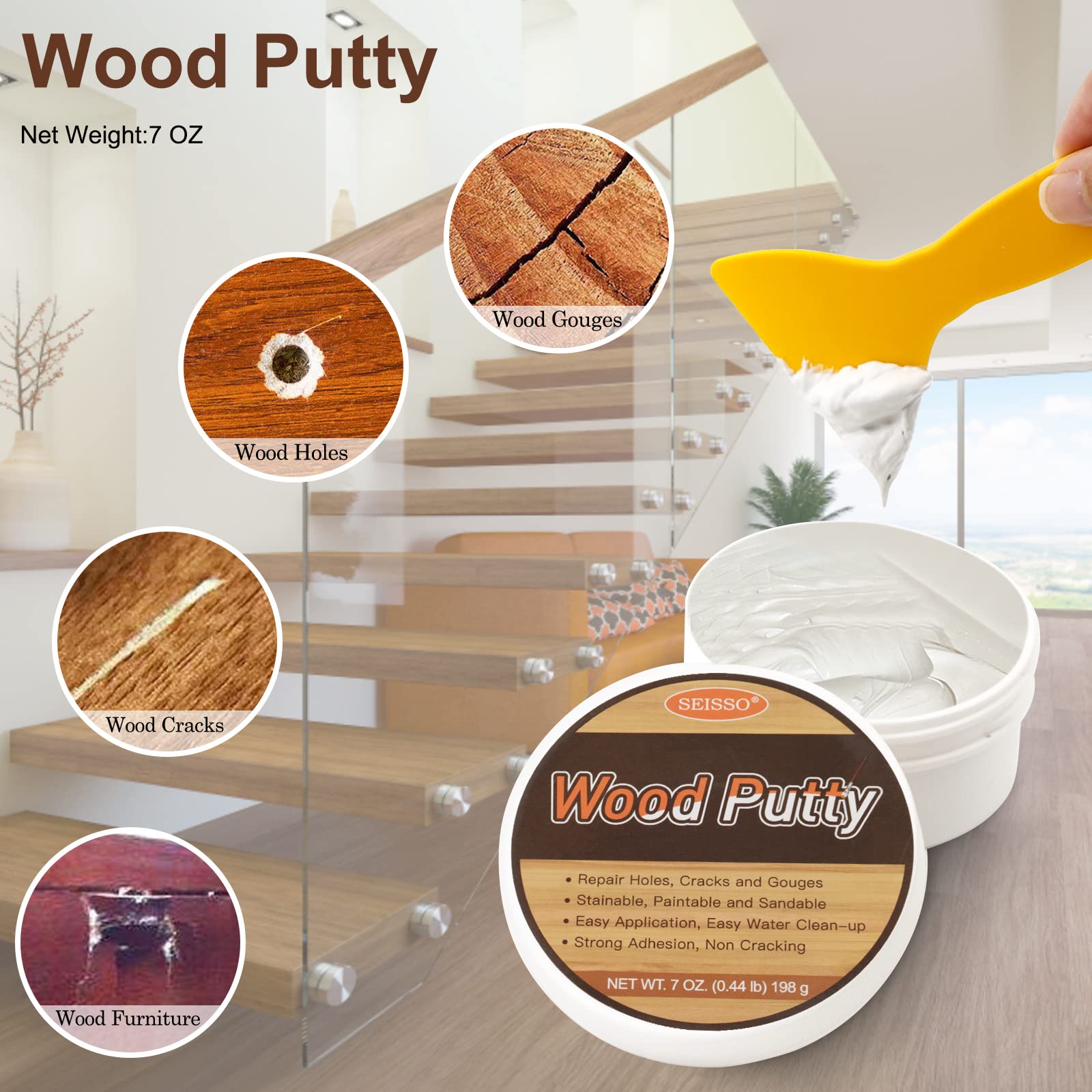 SEISSO Wood Putty being dispensed and applied to a crack.